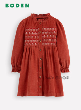 英国Mini Boden女童棕红色打揽灯芯绒长袖连衣裙纯棉2-12岁G5586