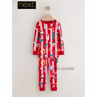 英国Next女童粉红色圣诞树家居服睡衣裤长袖全棉1-12岁V81-410