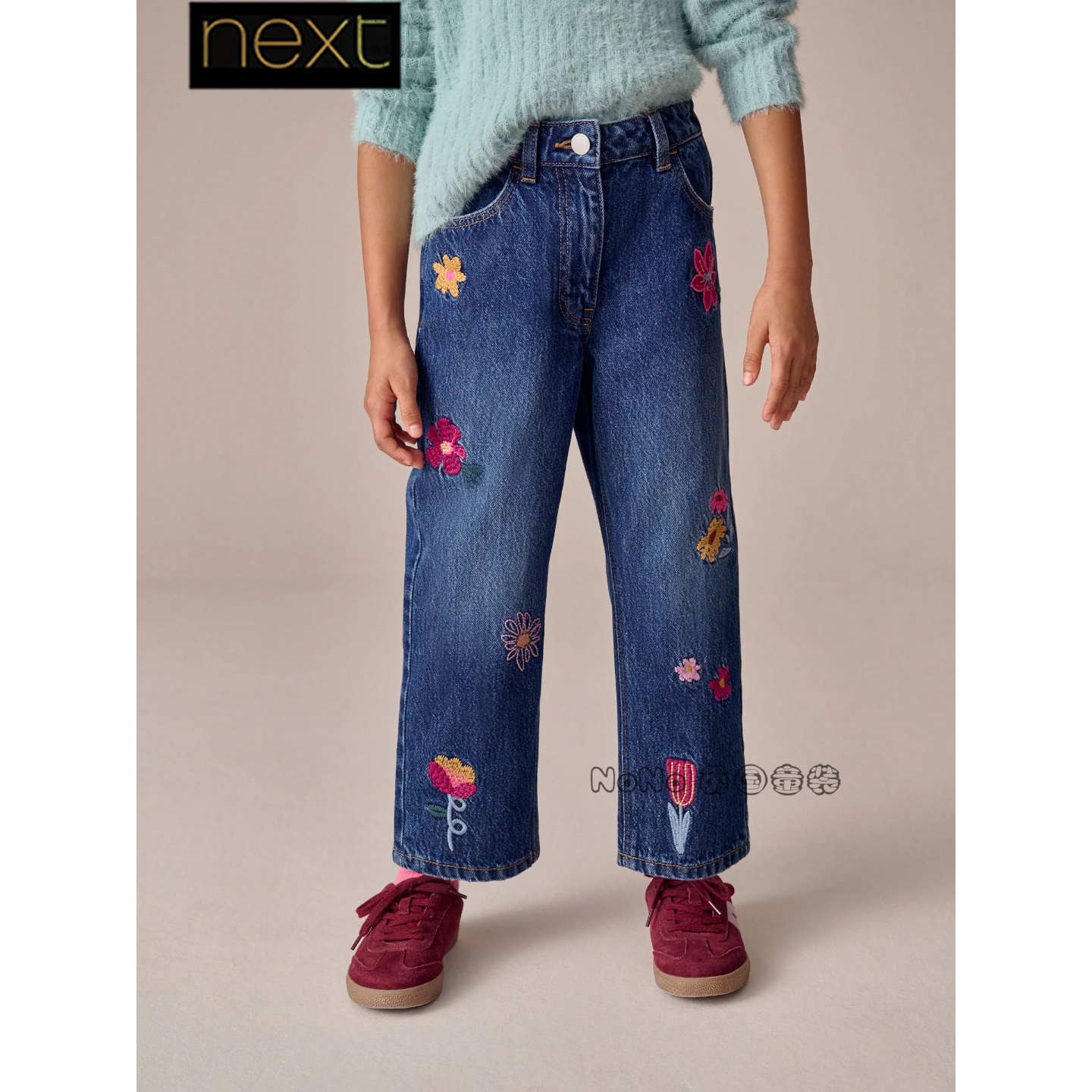 英国Next代购女大童亲子蓝色牛仔裤纯棉花朵刺绣3-16岁F73-603
