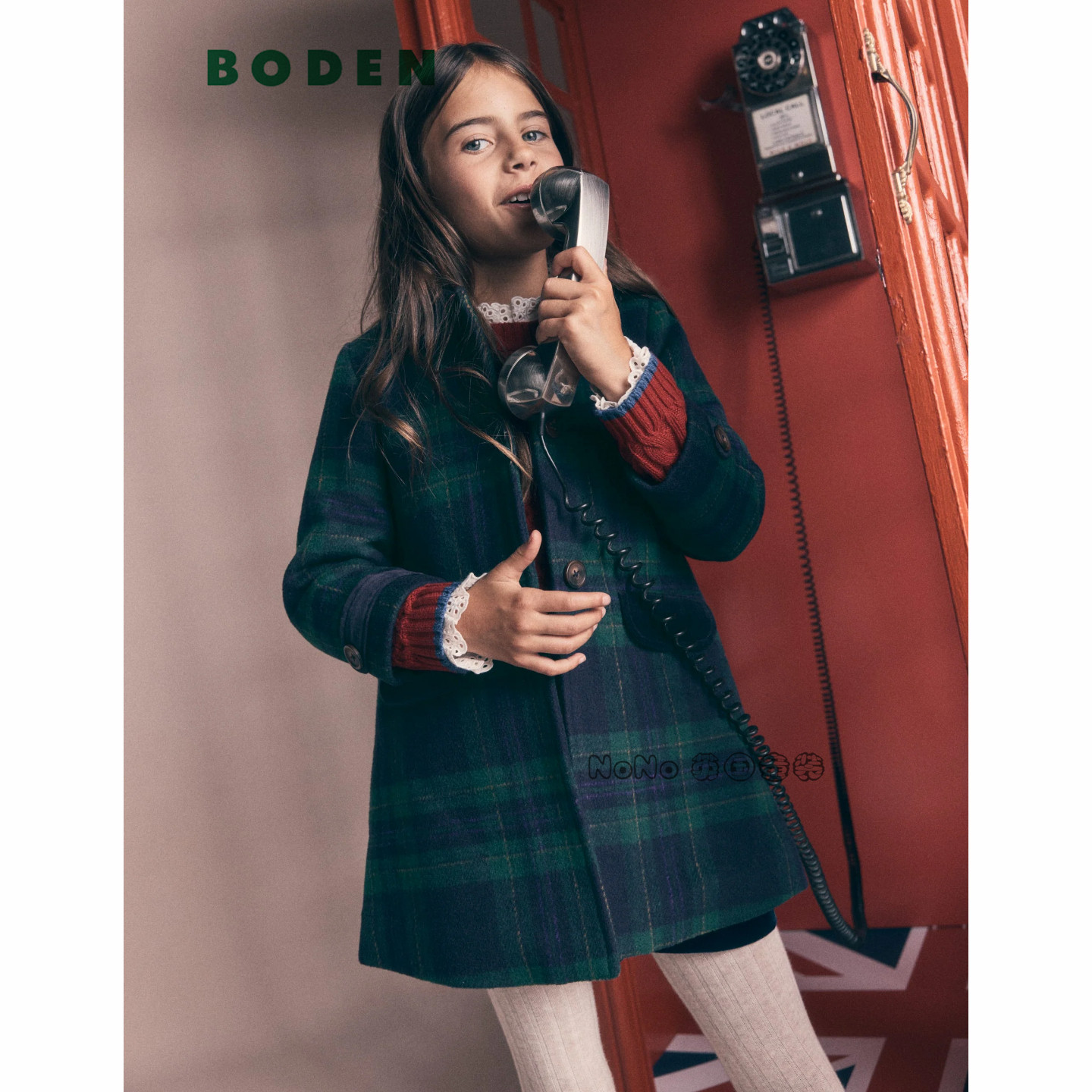 英国Mini BODEN女童英伦蓝绿色格子呢大衣外套中长款2-14岁G6201