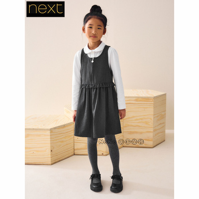 英国Next正品代购女大童深灰色背带裙学院风连衣裙JK风C35-479