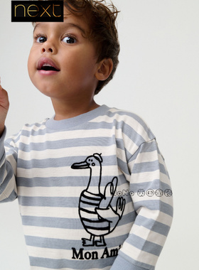 代购英国Next男童灰色条纹小鸭子纯棉长袖T恤衫圆领1-7岁W65-403