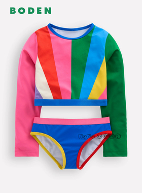 英国Mini Boden女童彩虹条纹长袖泳衣裤套装分体沙滩防晒G5842