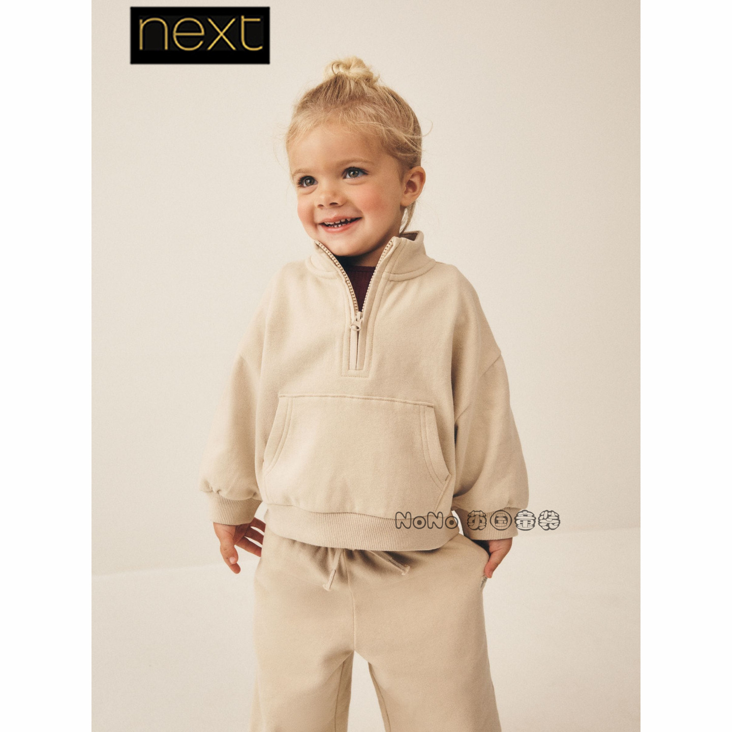 英国Next正品女童米灰色卫衣运动衫套头拉链圆领1-7岁新款G92-533