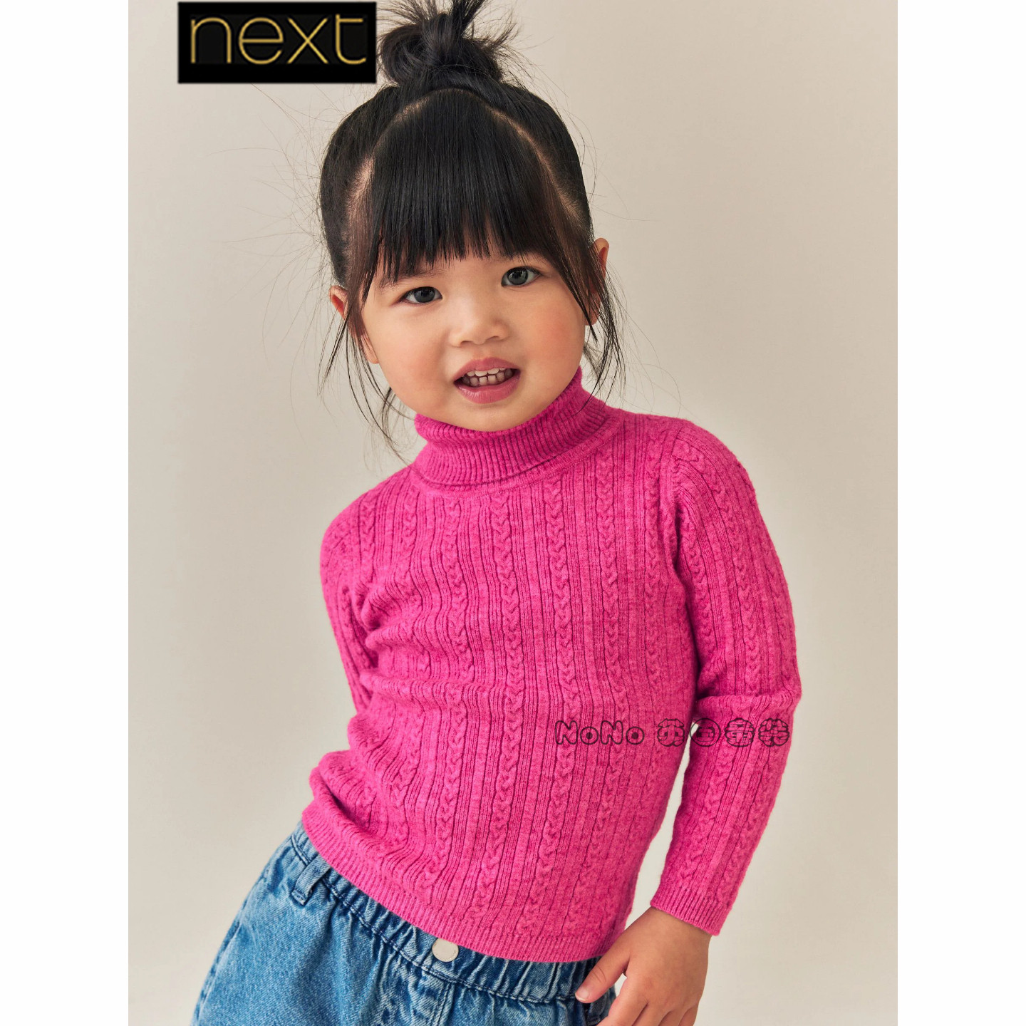 英国Next正品女童粉色麻花高领针织衫毛衣防风1-10岁新款G58-625