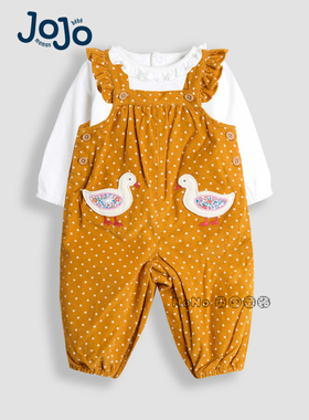 英国JOJO Maman Bebe婴儿黄色鸭子刺绣背带裤T恤纯棉套装H16-259