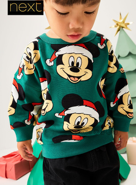 英国Next正品儿童绿色米奇圣诞卫衣运动衫休闲纯棉1-8岁F66-903