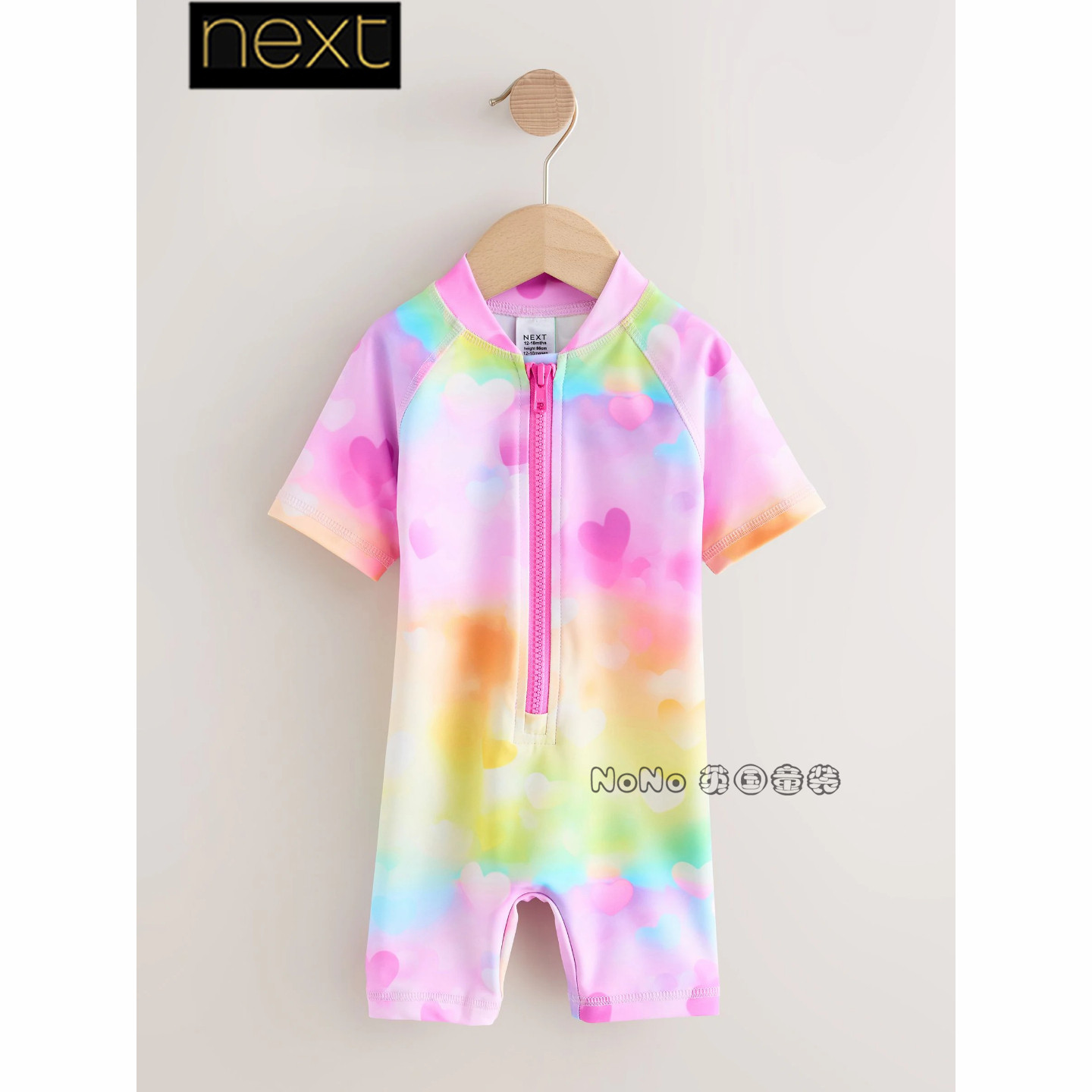 英国Next正品代购女童彩色渐变爱心连体泳衣拉链短袖套头H37-964