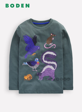 代购正品英国Mini BODEN儿童灰色老鼠浣熊长袖T恤纯棉2-12岁B3053