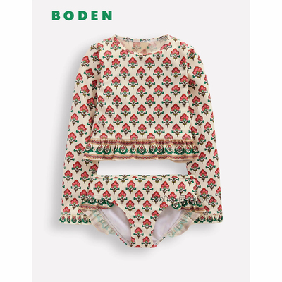 英国Mini Boden女童粉色小碎花长袖泳衣裤套装分体沙滩防晒G5848
