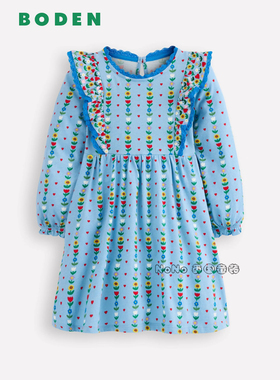 英国Mini Boden女童蓝色小碎花荷叶边全棉长袖连衣裙2-12岁G5763