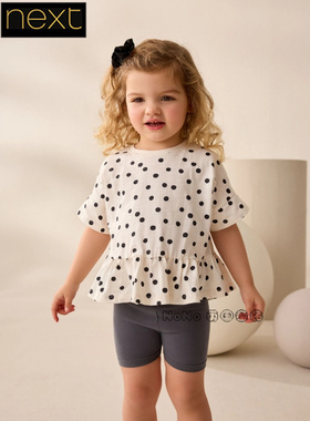 英国Next正品代购女童白色圆点波点荷叶下摆短袖纯棉T恤AD8-258