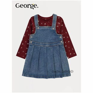 英国乔治George代购女童酒红色碎花长袖T恤牛仔背带裙套装1311978