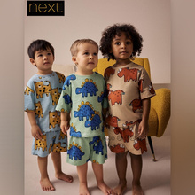 英国Next正品男童蓝绿色恐龙豹家居服短袖睡衣睡裤纯棉AC0-925