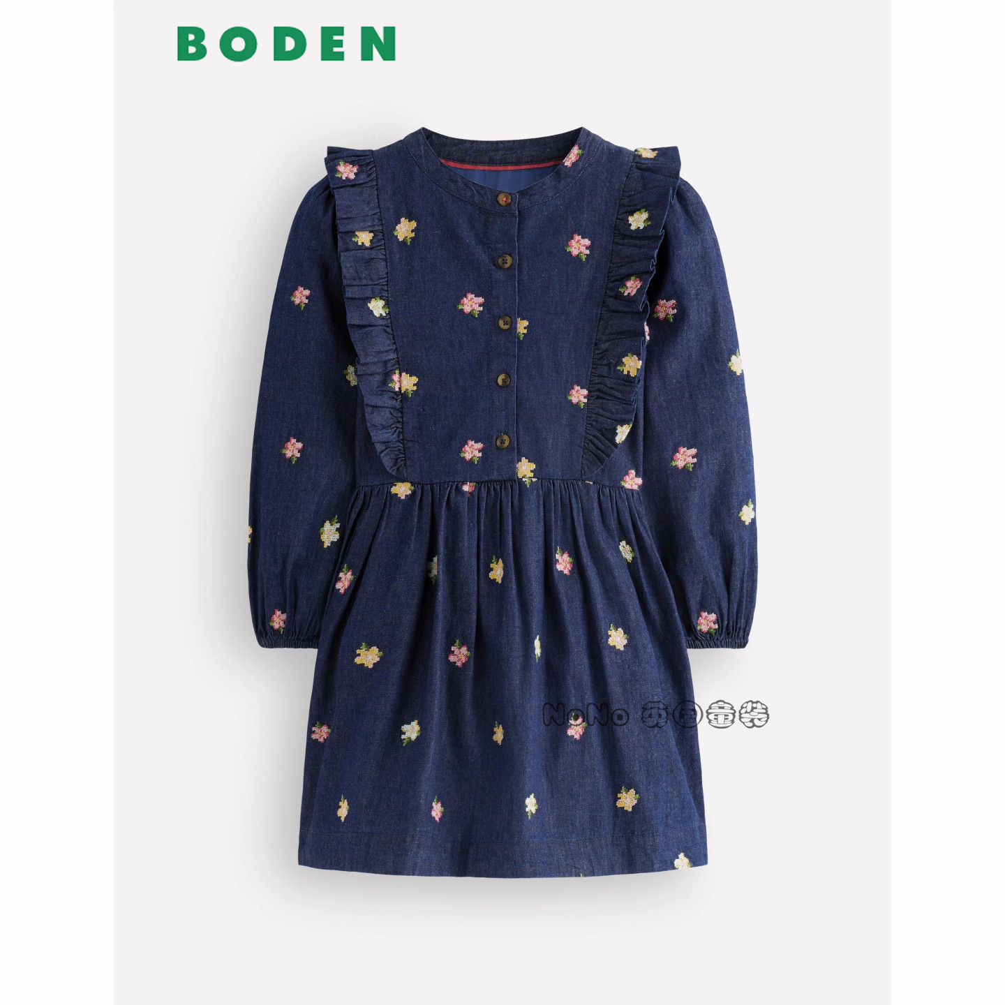 英国Mini Boden女童蓝色刺绣花朵全棉长袖连衣裙2-12岁新款G6117