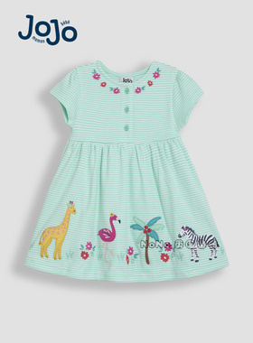 现货英国JoJo Maman Bebe女童绿色条纹长颈鹿斑马刺绣连衣裙纯棉