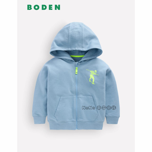英国Mini Boden男童蓝色滑板拉链连帽卫衣运动衫全棉2-14岁B3288