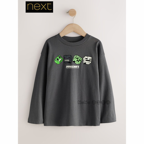 英国Next男大童亲子灰色我的世界长袖T恤全棉3-16岁新款V60-159