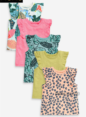 现货Next英国正品女童粉色绿色树叶短袖T恤白色五件有机棉395-091