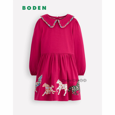 英国Mini Boden女童玫红色翻领独角兽长袖连衣裙纯棉2-10岁G5650