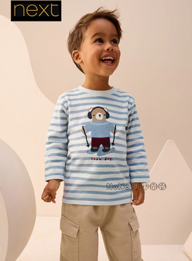 英国Next代购男童蓝色条纹小熊刺绣纯棉长袖T恤衫圆1-7岁F89-735