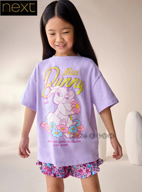 英国Next正品女大童亲子紫色邦尼兔卡通T恤衫宽松纯棉吸汗AK1-610