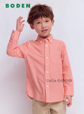 代购英国Mini BODEN男童红色竖条纹衬衫长袖衬衣全棉2-14岁B3018