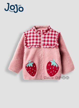 代购英国JoJo Maman Bebe女童粉色草莓格毛毛外套加厚棉服F78-641