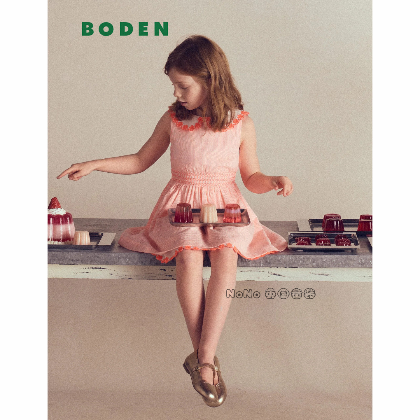英国Mini Boden正品女童粉色条纹刺绣翻领连衣裙全棉2-12岁G6020