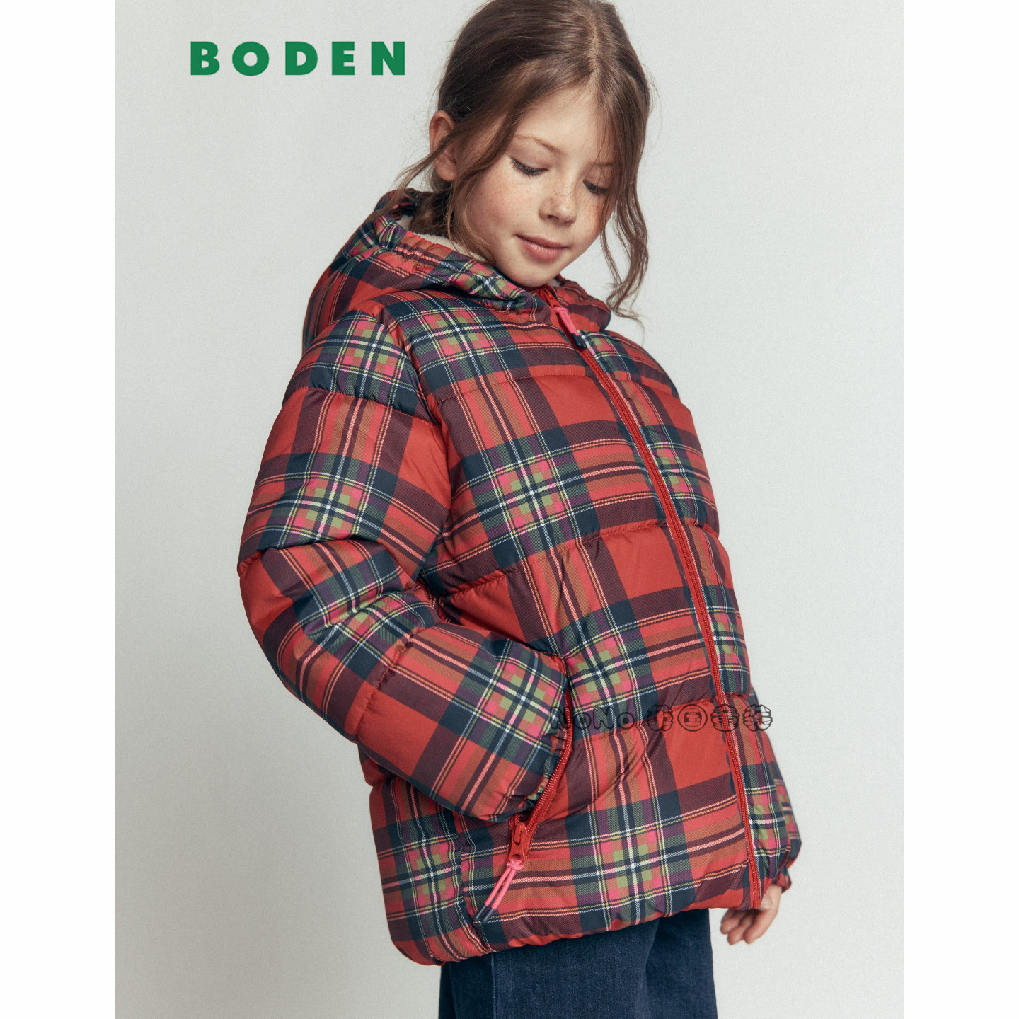 英国Mini BODEN女童红色格子防雨雪外套棉服加厚棉衣2-14岁G5701