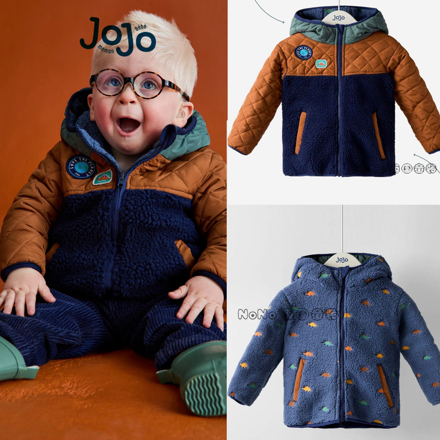 英国JoJo Maman Bebe男童恐龙刺绣双面穿羊羔毛外套厚棉服F34-882