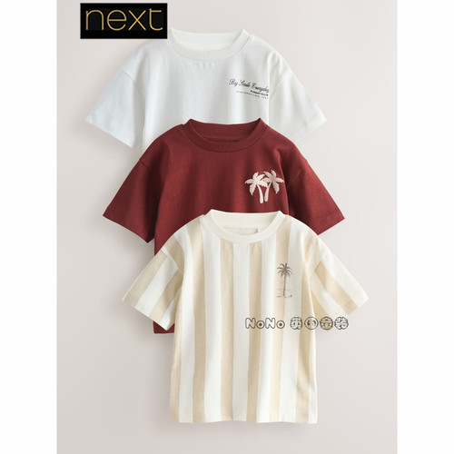 英国Next男童酒红白色条纹椰树短袖T恤衫全棉1-7岁新款W63-068