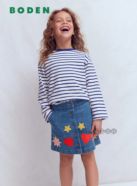 代购Mini Boden正品英国蓝色星星爱心刺绣全棉半身裙2-12岁G5830