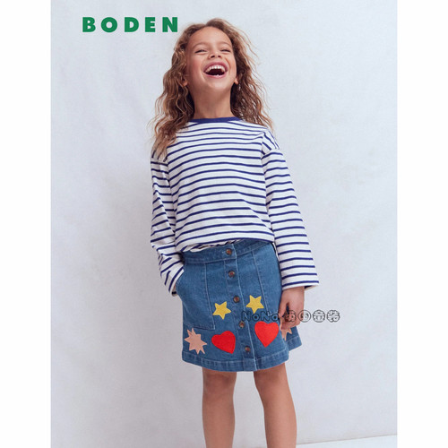 代购Mini Boden正品英国蓝色星星爱心刺绣全棉半身裙2-12岁G5830