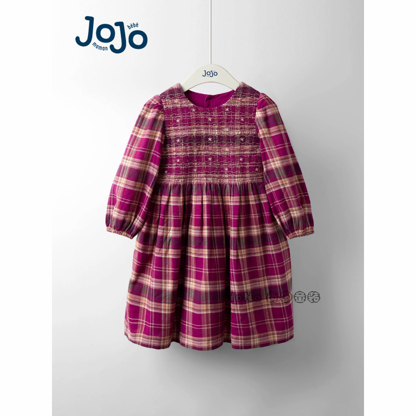 英国JoJo Maman Bebe女童紫红格子礼服打揽刺绣连衣裙纯棉W26-428