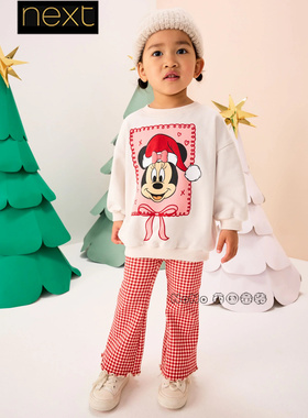 英国Next女童代购红色格子米奇圣诞卫衣喇叭裤套装1-7岁F79-997