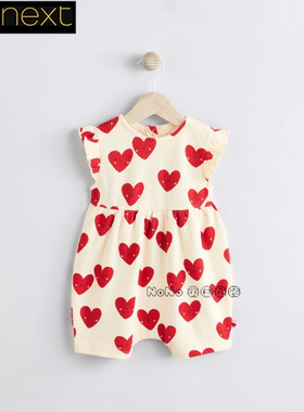 现货英国Next正品婴儿红色爱心短袖连体睡衣纯棉短爬开裆E84-785