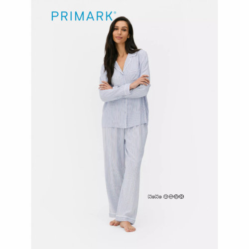 代购英国Primark女款成人大童淡蓝色竖条纹家居服睡衣睡裤开衫