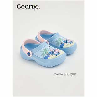 现货英国乔治George女童蓝色史迪仔包头凉拖鞋凉鞋洞洞鞋1276610