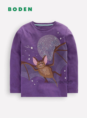 代购英国Mini BODEN儿童紫色蝙蝠夜光长袖T恤纯棉2-12岁Y08-925