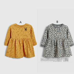 现货Next英国正品女童灰色豹纹长袖连衣裙黄色卡通卫衣裙