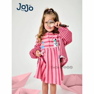 英国JoJo Maman Bebe女童粉红色条纹小狗猫长袖全棉连衣裙Y70-914