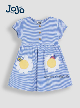 现货英国JoJo Maman Bebe女童蓝色条纹太阳花蜜蜂刺绣连衣裙纯棉