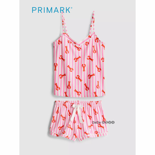 代购英国Primark女款成人粉色龙虾条纹吊带背心家居服睡衣短裤