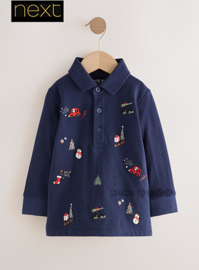 英国Next正品代购男童深蓝色圣诞刺绣纯棉长袖T恤POLO衫F59-441