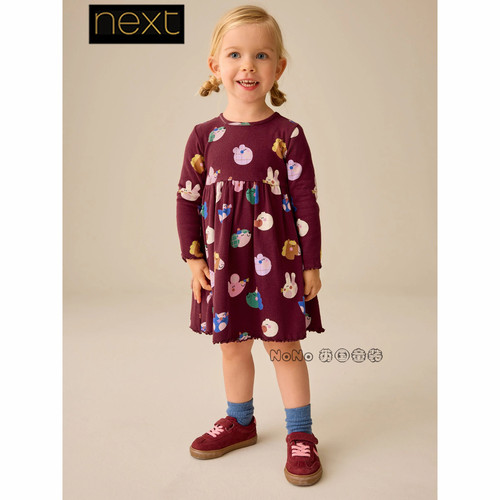 英国Next正品女童小熊马兔子老鼠卡通长袖连衣裙1-7岁新款V85-481