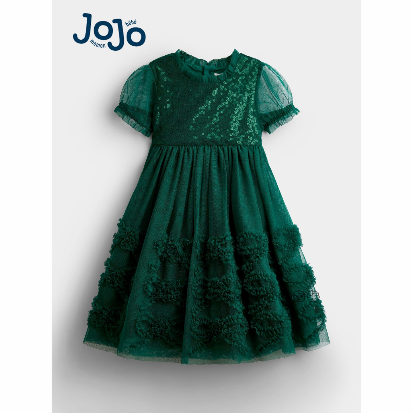 英国JoJo Maman Bebe女童绿色重工亮片网纱连衣裙礼服新款C24-532