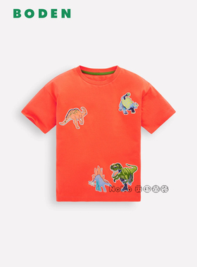 代购英国Mini BODEN新款男童橙色恐龙刺绣短袖T恤全棉2-12岁B3154
