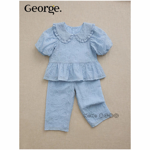 代购英国乔治George女童蓝色娃娃领T恤衫刺绣裤子套装1384885