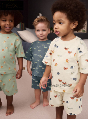 英国Next正品男童老虎大象狮子绿色家居服短袖睡衣裤纯棉AK0-018